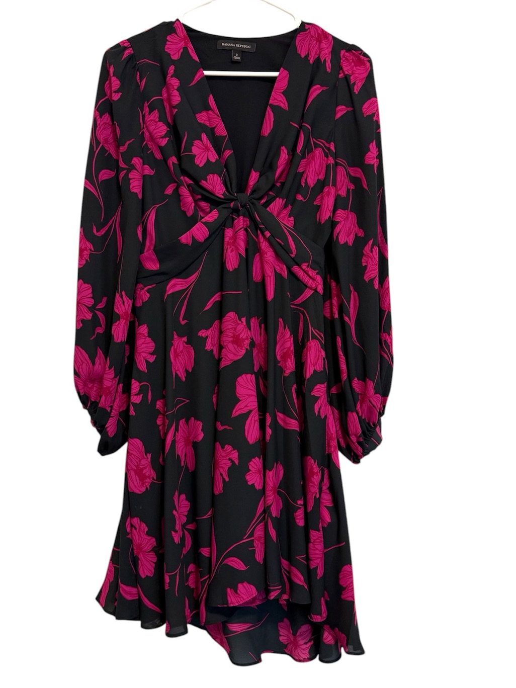 Banana Republic Black Pink Floral Tie Front Dress Size 2 Long Sleeve Mini Dress